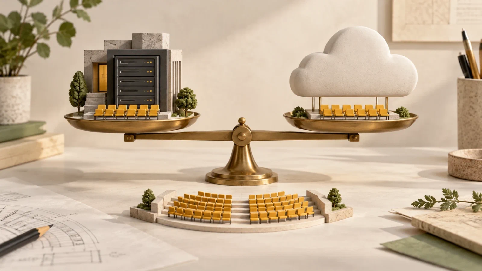 A theater seating model balanced between a local server block and a sculpted cloud.