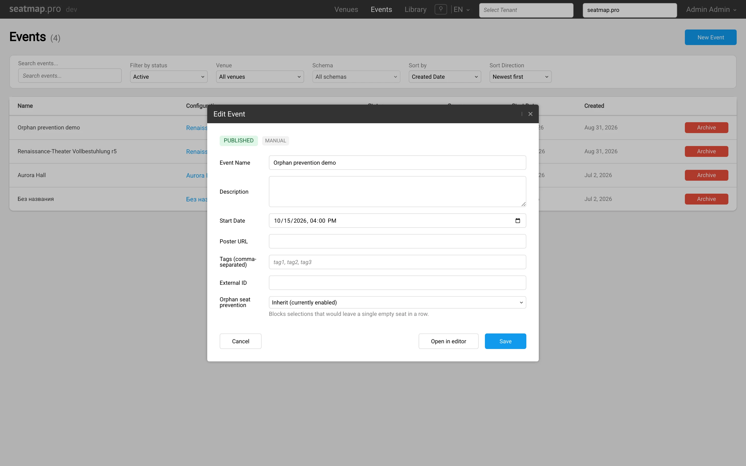The event dialog in the Seatmap Pro editor showing the orphan seat prevention setting with Inherit selected