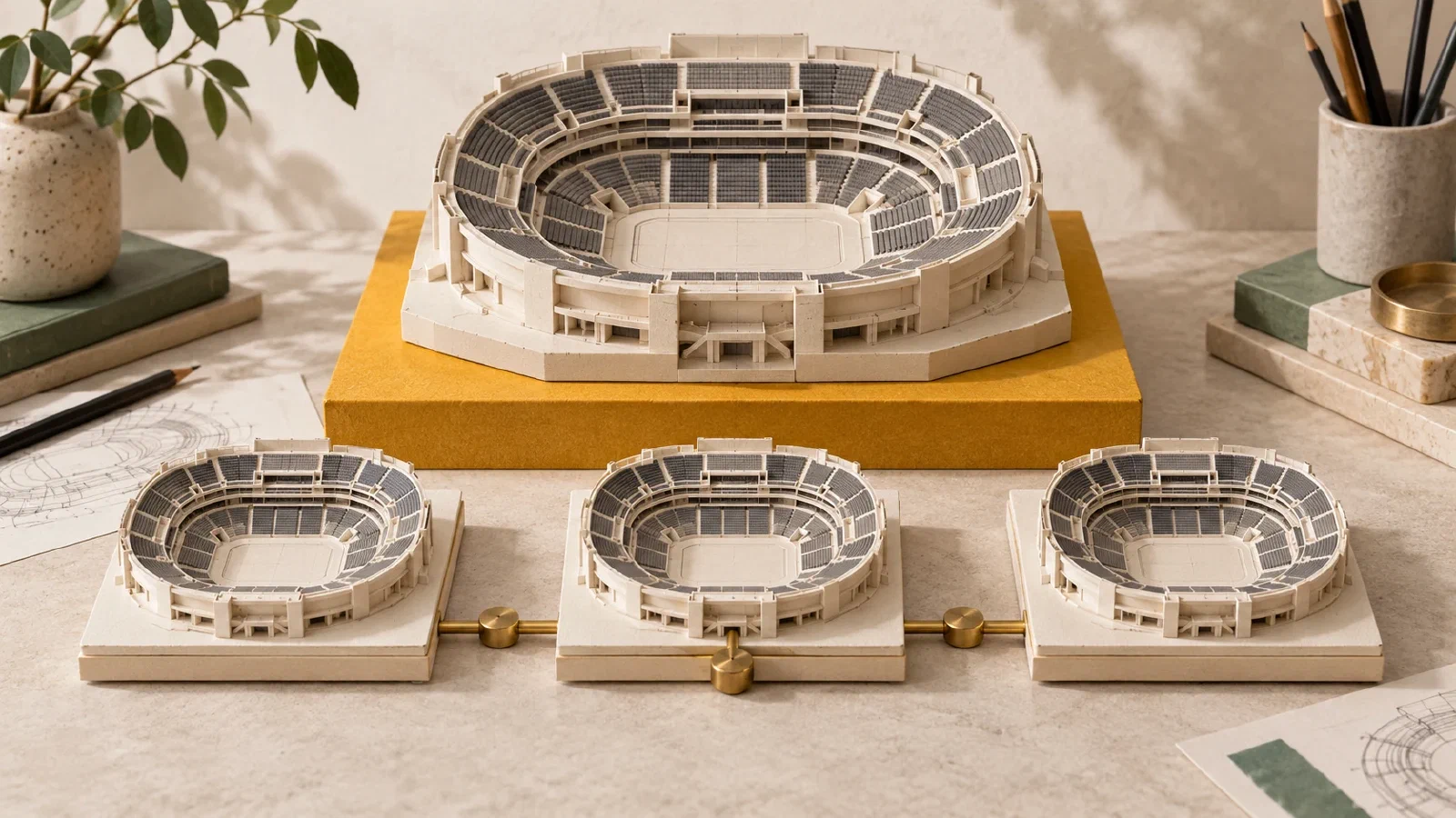 One master arena model and three matching paper venue models arranged as a reusable library.