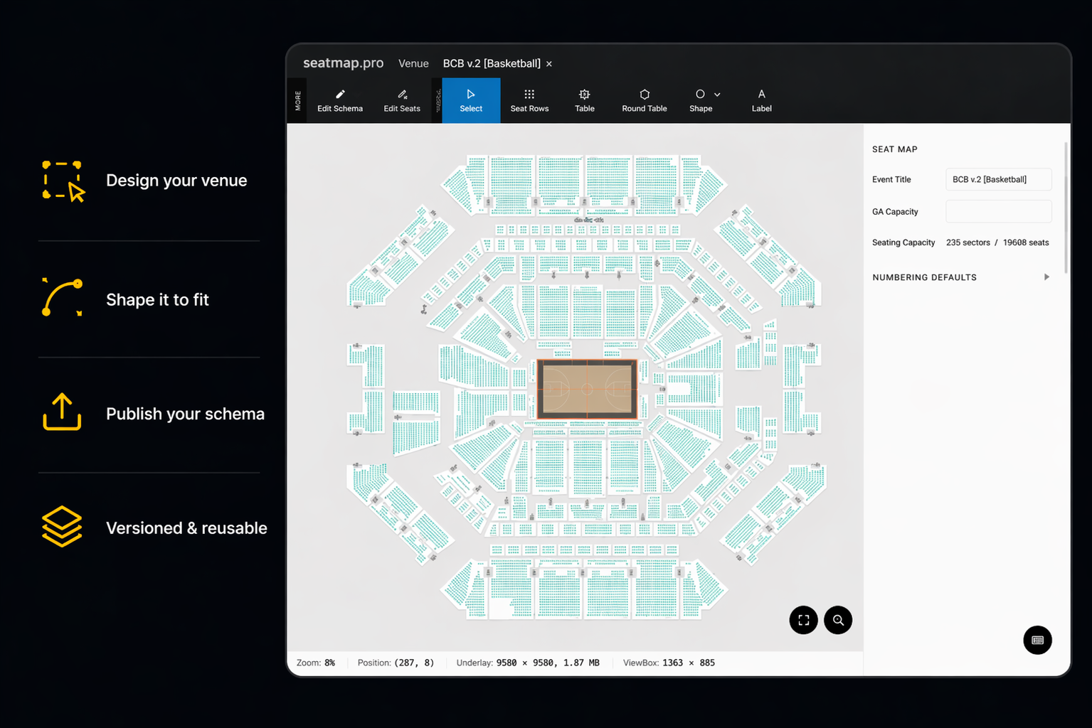 Venue schema editor showing reusable venue design