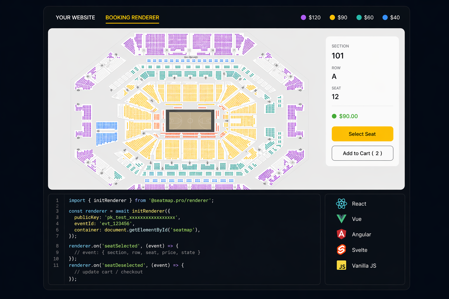 Seatmap renderer embedded into a ticketing website