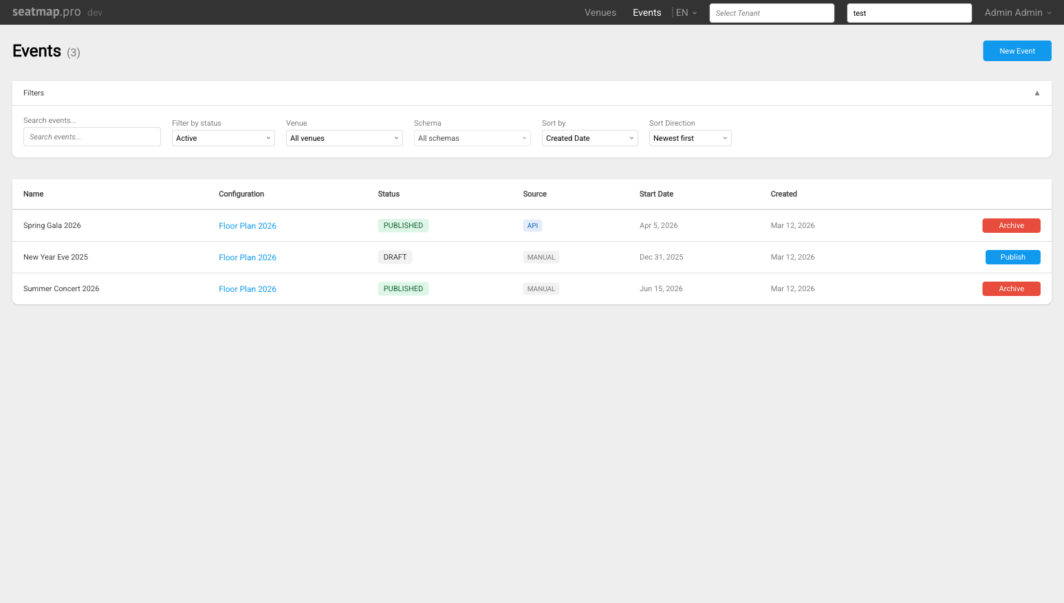 Events Hub overview showing events with status and source badges